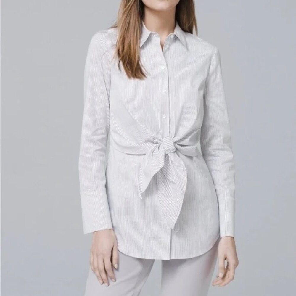 White House Black Market Tie Front Poplin Pinstripe Blouse